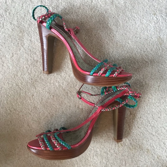 Pink and teal heeled sandals - Picture 1 of 7